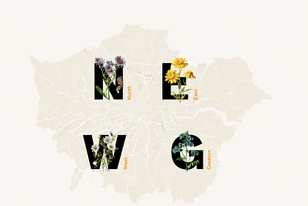 Map of London with botanical letters N, E, W and G marking North, East, West and Greater London